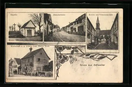 AK Zellweiler, Gasthaus zum g. Löwen, Kapelle, Hauptstrasse, Kirche mit Gemeindehaus
