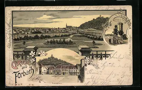 Lithographie Forbach, Schlossthurm, Gesamtansicht, Marktplatz