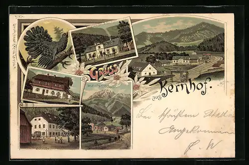 Lithographie Kernhof, Restaurant Schreiner, Gasthaus Sattelhof, Dependenz Kernhof, Station mit Gipper