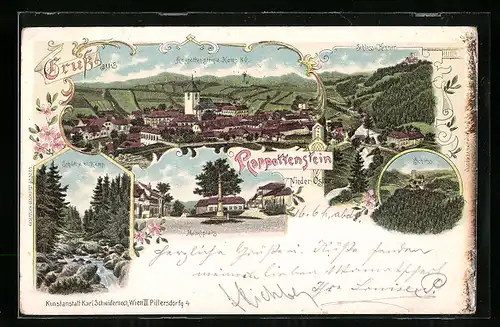 Lithographie Rappottenstein, Marktplatz, Schloss, Ortsansicht, Schütt a. kl. Kamp