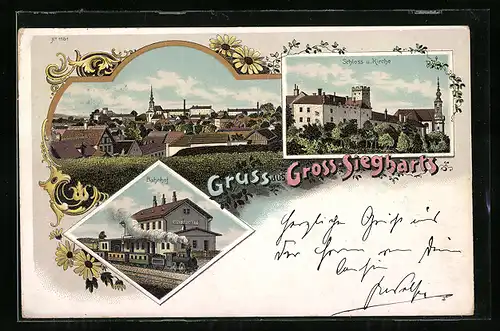 Lithographie Gross-Siegharts, Ortsansicht, Schloss u. Kirche, Bahnhof