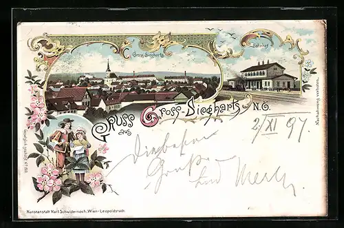 Lithographie Gross-Siegharts, Gesamtansicht, Bahnhof