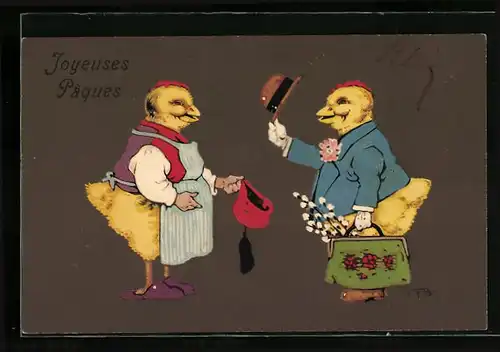 Künstler-AK Fritz Baumgarten: Osterküken grüssen sich