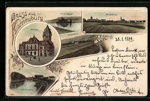 Lithographie Korneuburg, Rathaus, Donau Bagger, Schiffswerfte