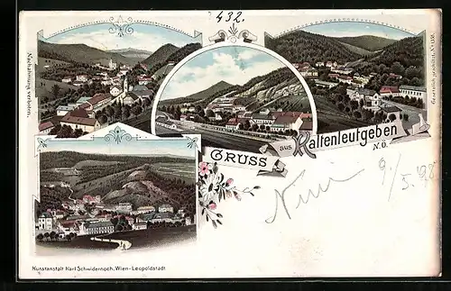 Lithographie Kaltenleutgeben, Panorama, Bahnhof