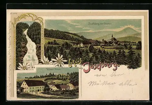 Lithographie Josefsberg, Ortsansicht mit Ötscher, Lassingfall, Wiener Bruck