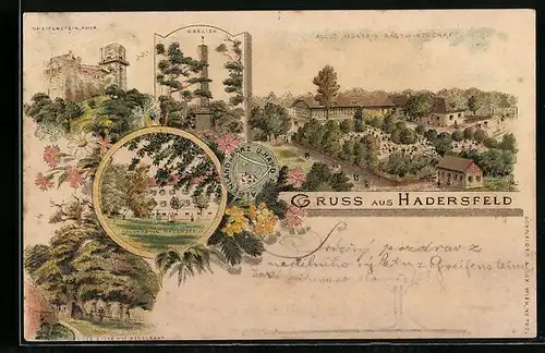 Lithographie Hadersfeld, Gasthaus A. Aigner mit Gartenlokal, Obelisk, Schloss Hadersfeld