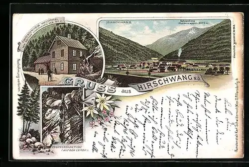 Lithographie Hirschwang, Schneeberg, Teufelsbadstube, Touristenheim Weichthal