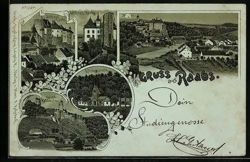 Lithographie Raabs, Schiesstädte, Ruine Kollmitz, Schloss Raabs, Ortsansicht