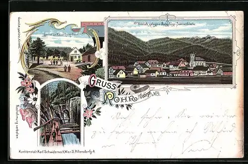 Lithographie Rohr i. Gebirge, Gasthof zum Kaiser Franz Josef, Panorama
