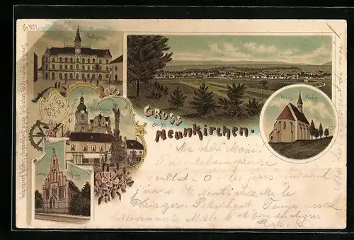 Lithographie Neunkirchen, Rathaus, Peters-Kirche, Evang. Kirche