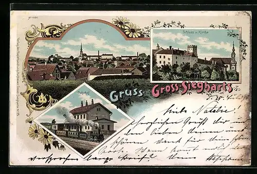 Lithographie Gross-Siegharts, Ortsansicht, Schloss u. Kirche, Bahnhof