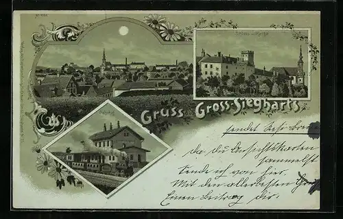 Mondschein-Lithographie Gross-Siegharts, Bahnhof, Schloss und Kirche