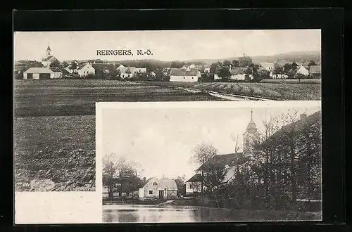 AK Reingers, Ortsansicht mit Kirche und Teich
