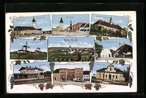 AK Retz, Bahnhof, Schloss und Schlossgasthaus, Städt. Bad, Windmühlen, Stadtplatz