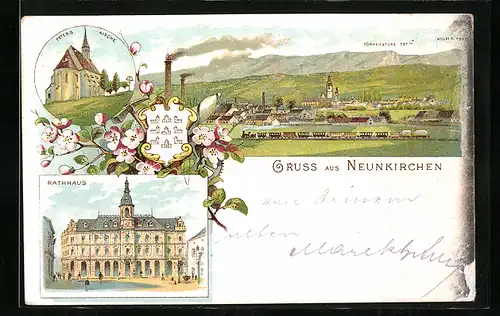 Lithographie Neunkirchen, Rathaus, Peterskirche, Ortsansicht mit Dampfzug und Türkensturz