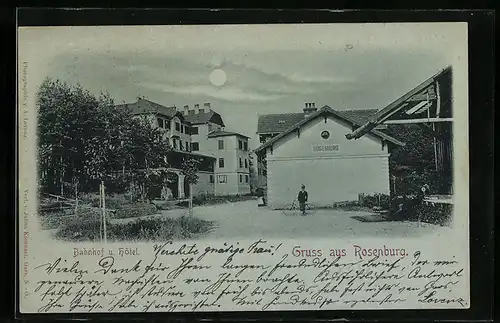 Mondschein-AK Rosenburg, Bahnhof und Hotel, Radfahrer