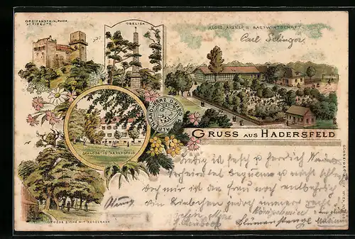 Lithographie Hadersfeld, Alois Aigners Gasthaus, Ruine Greifenstein