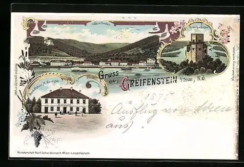 Lithographie Greifenstein /Donau, Geschäftshaus M. Ganauser, Ruine Greifenstein