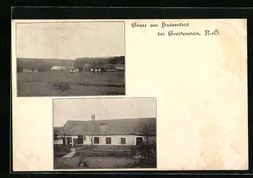 AK Hadersfeld b. Greifenstein, Bauernhaus, Ortsansicht mit Feldern