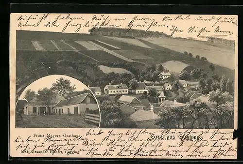 AK Gugging, Franz Mayers Gasthaus, Ortsansicht aus der Vogelschau