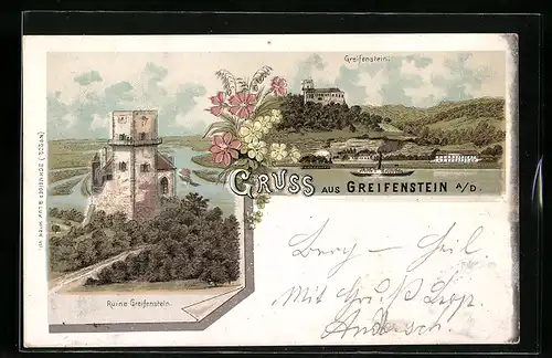 Lithographie Greifenstein a /D., Ruine Greifenstein, Uferpartie mit Dampfer