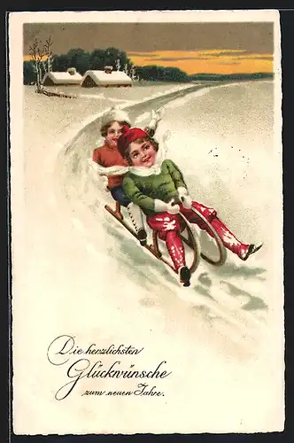 AK Kinder im Schnee auf einem Schlitten