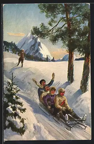 AK Drei Männer und Frau auf einem Schlitten, Neujahrsgruss
