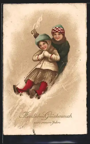 AK Kinder im Schnee auf einem Schlitten