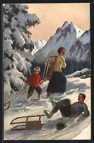 Künstler-AK Familie im Schnee mit Schlitten