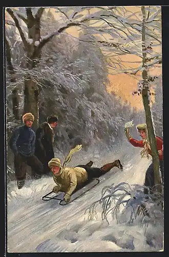 Künstler-AK Rodelpartie im Winterwald