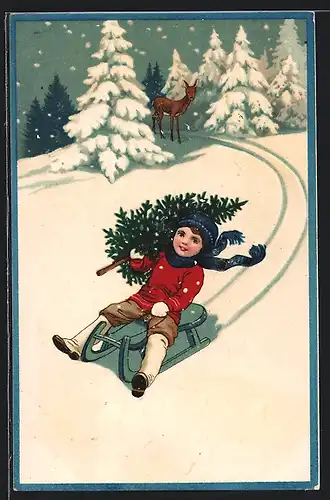Künstler-AK Kleiner Junge mit Tannenbaum auf einem Schlitten, Reh im Schnee