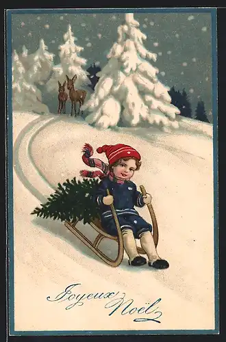 Künstler-AK Kleiner Junge mit Tannenbaum auf einem Schlitten, Rehe im Schnee