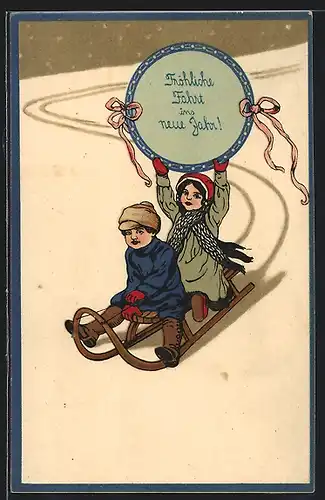 AK Zwei Kinder mit Schild fahren Schlitten, Neujahrsgruss
