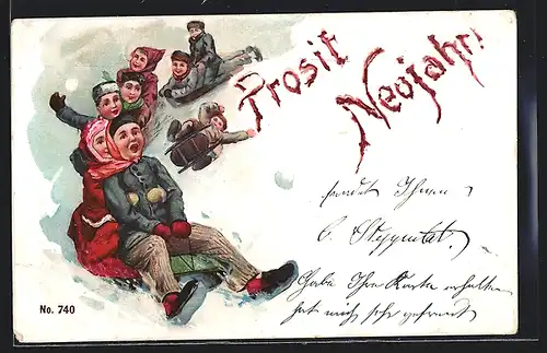 Lithographie Kinder auf der Rodelbahn, Schlitten