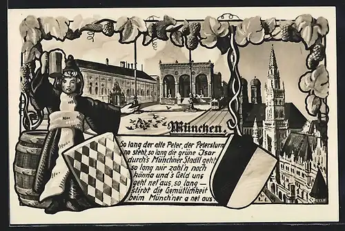 Künstler-AK München, Münchner Kindl beim Petersdom, Wappen