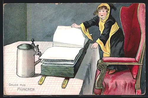AK Münchner Kindl blättert in einem Buch, Bierkrug