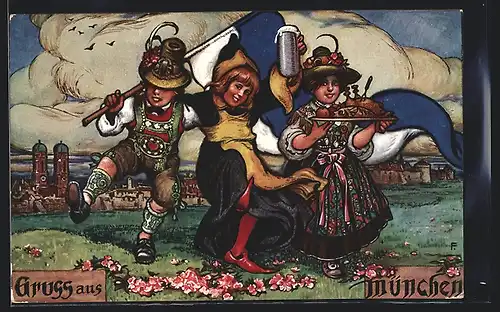 Künstler-AK München, Münchner Kindl feiert zusammen mit Paar in Trachten