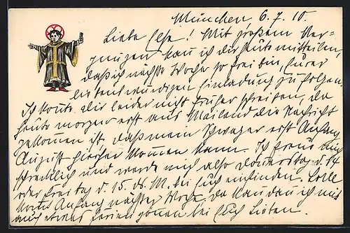 Künstler-AK Münchner Kindl in heiligem Gewand mit Heiligenschein