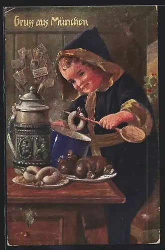 Künstler-AK München, Münchner Kindl mit Bierkrug und Weisswurst