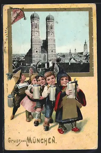 AK München, Frauenkirche, Münchner Kindl und Kinder mit Bierkrügen