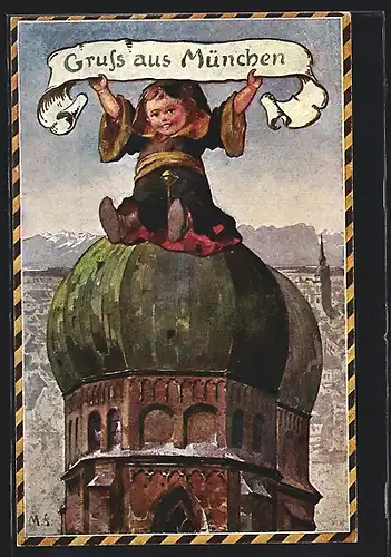 Künstler-AK München, Münchner Kindl auf Kirchturm