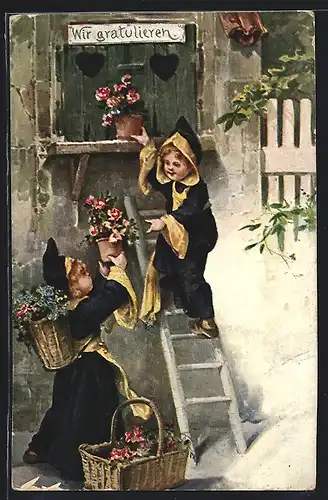 Künstler-AK München, Münchner Kindl auf einer Leiter, gratulieren mit Blumen