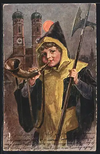 Künstler-AK München, Münchner Kindl mit Trachte und Horn, die Frauenkirche