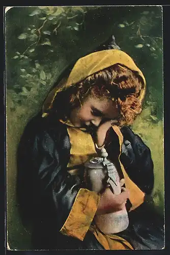 Künstler-AK Münchner Kindl mit Bierkrug in der Hand