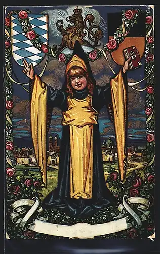 Künstler-AK München, Münchner Kindl mit der Bibel, Im Hintergrund Frauenkirche, Wappen