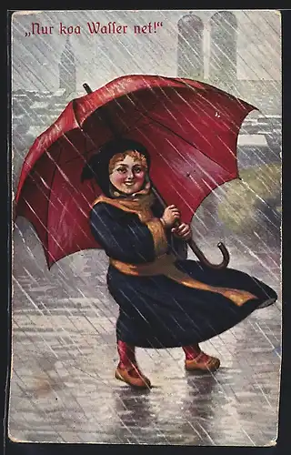 Künstler-AK Münchner Kindl mit grossem Regenschirm im Sturm