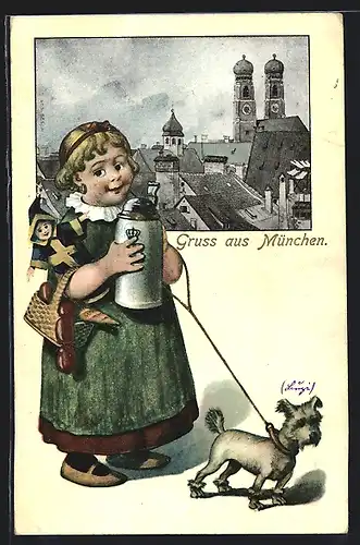 AK München, Teilansicht mit Frauenkirche, Münchner Kindl mit Bierkrug und kleinem Hund