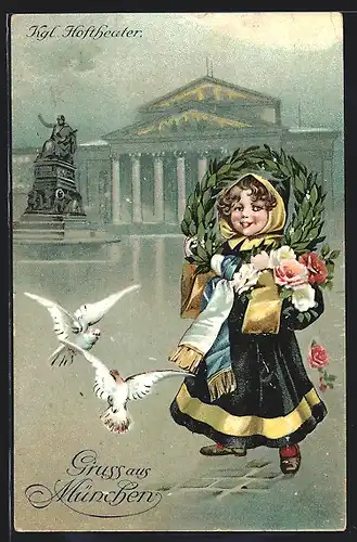 Künstler-AK München, Münchner Kindl vor dem Kgl. Hoftheater