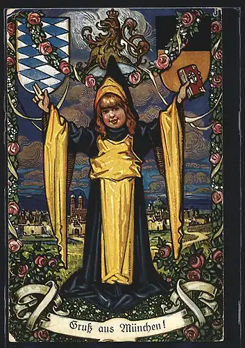 Künstler-AK München, Münchner Kindl mit der Bibel, Im Hintergrund Frauenkirche, Wappen